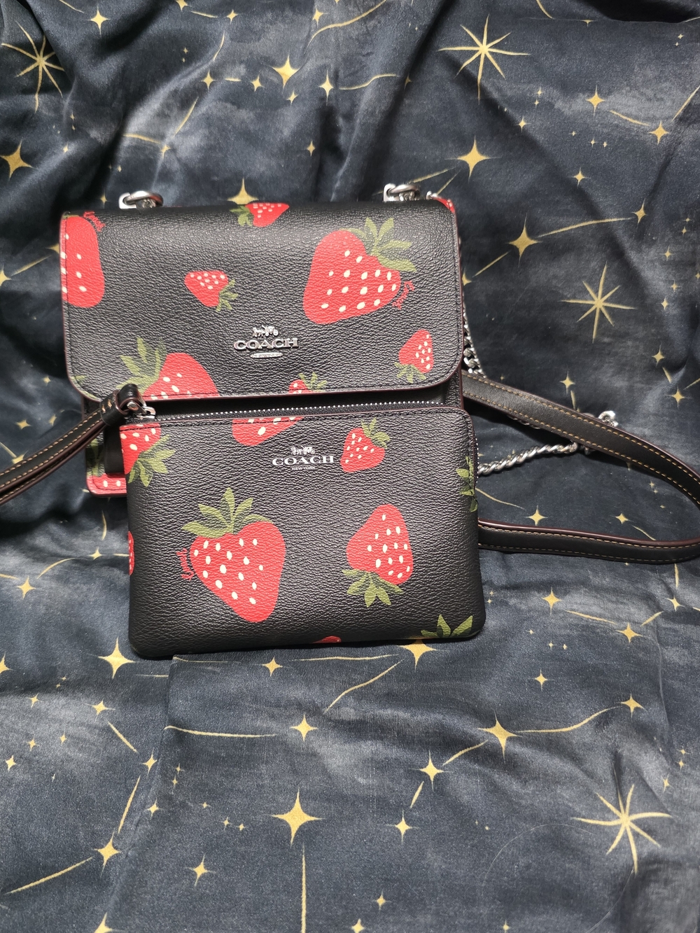 Coach Black Mini Klare Crossbody Bag with Red Strawberry Print